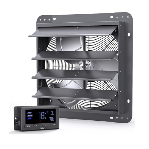 iLiving 14″ Wall Mounted Shutter Exhaust Fan, Automatic Shutter, Temperature and Humidity Controls with Variable Speed, 1200 CFM at 1600 RPM DC Motor